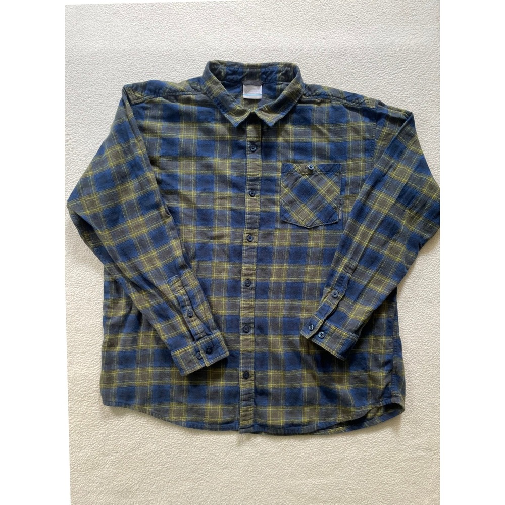 Columbia Mens XXL Flannel Shirt Blue Green Plaid Long Sleeve Button Down Cotton